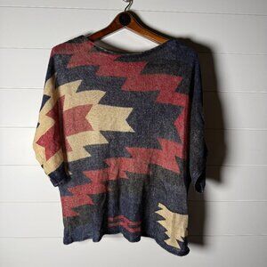 LRL Lauren Jeans Co 100% Linen Southwestern Aztec Sweater Red, Tan, Gray Sz Med